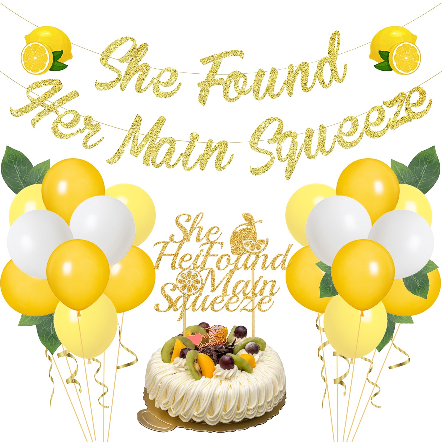 Lemon & Blue Brautdusch-Deko: 'She Found Her Main Squeeze' Banner & Zitronen-Diamant-Girlande Für Limonaden-Party