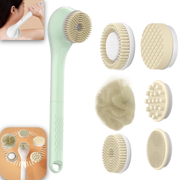 Electric Shower Body Brush IPX7 Waterproof Long Handle Bath Brush with 6 Replaceable Brush Heads 360° Rotating Body 6 Modes & 3 Direction for Deep Cleaning, Exfoliating, Massaging (Green)
