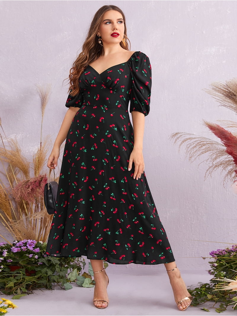 Plus Size Cherry Print Puff Sleeve Midi Dress - Walmart.com