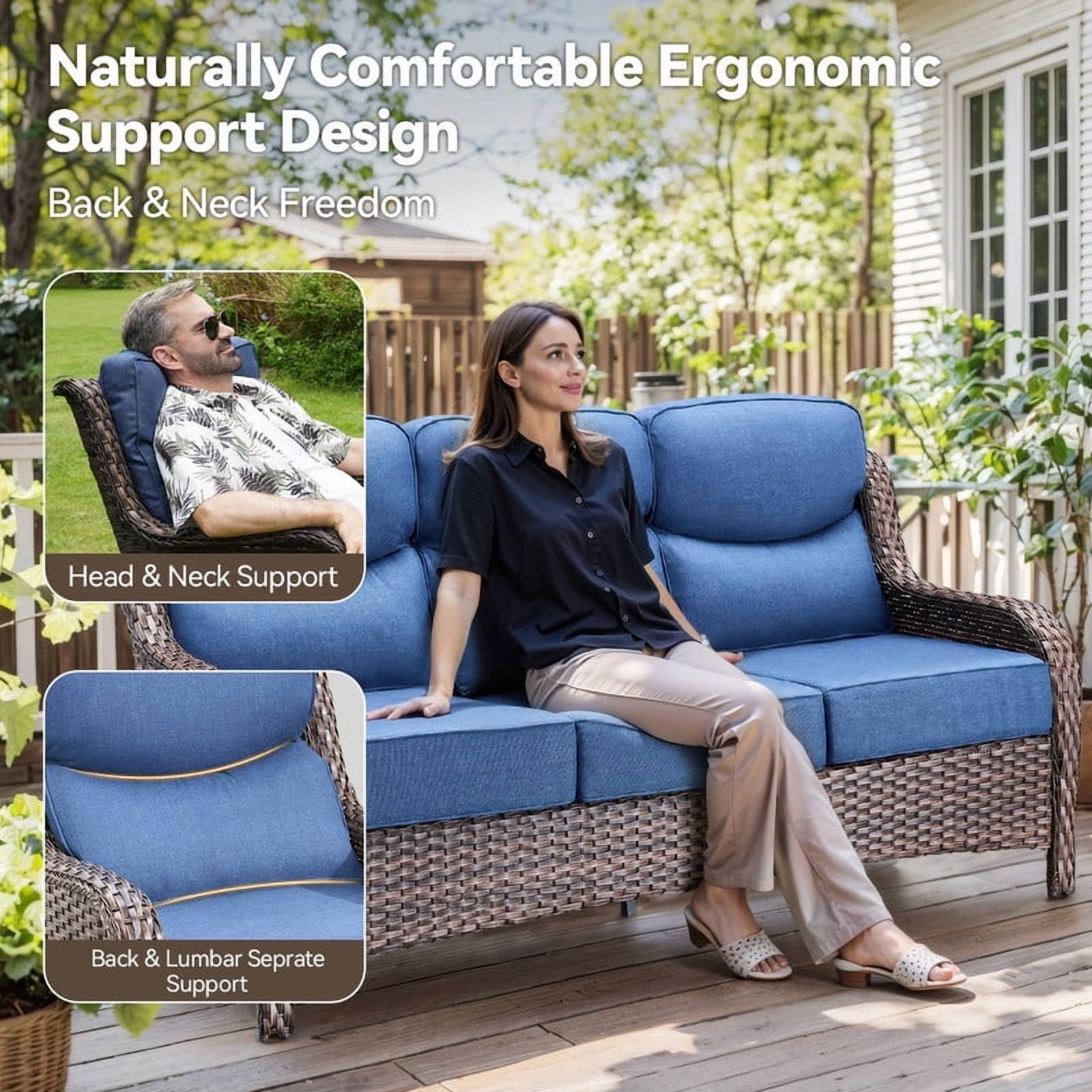 PARKWELL 4 Piece Outdoor Patio Furniture Set,All-Weather High Back Conversation Set with Luxury 6-Inch Thick Cushions,Swivel Glider Chair,5-Seat Furniture Sets for Garden, Deck, Backyard,Brown/Navy