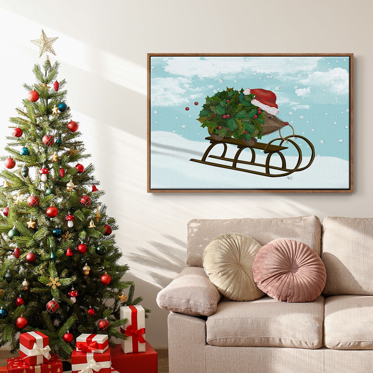 Christmas Holly Hedgehog Sledding - Framed Gallery Wrapped Holiday Canvas - 25 x 37 - Rosewood Frame