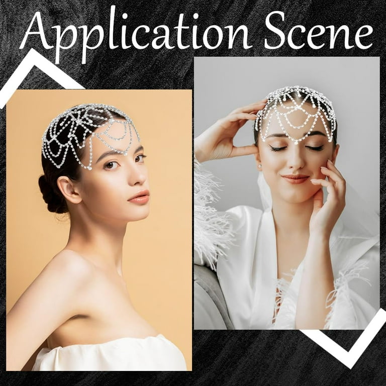 年中行事　ヘアアクセサリー 1pc 1920s Cap Headpiece Flower Rhinestone Head Chain Silver