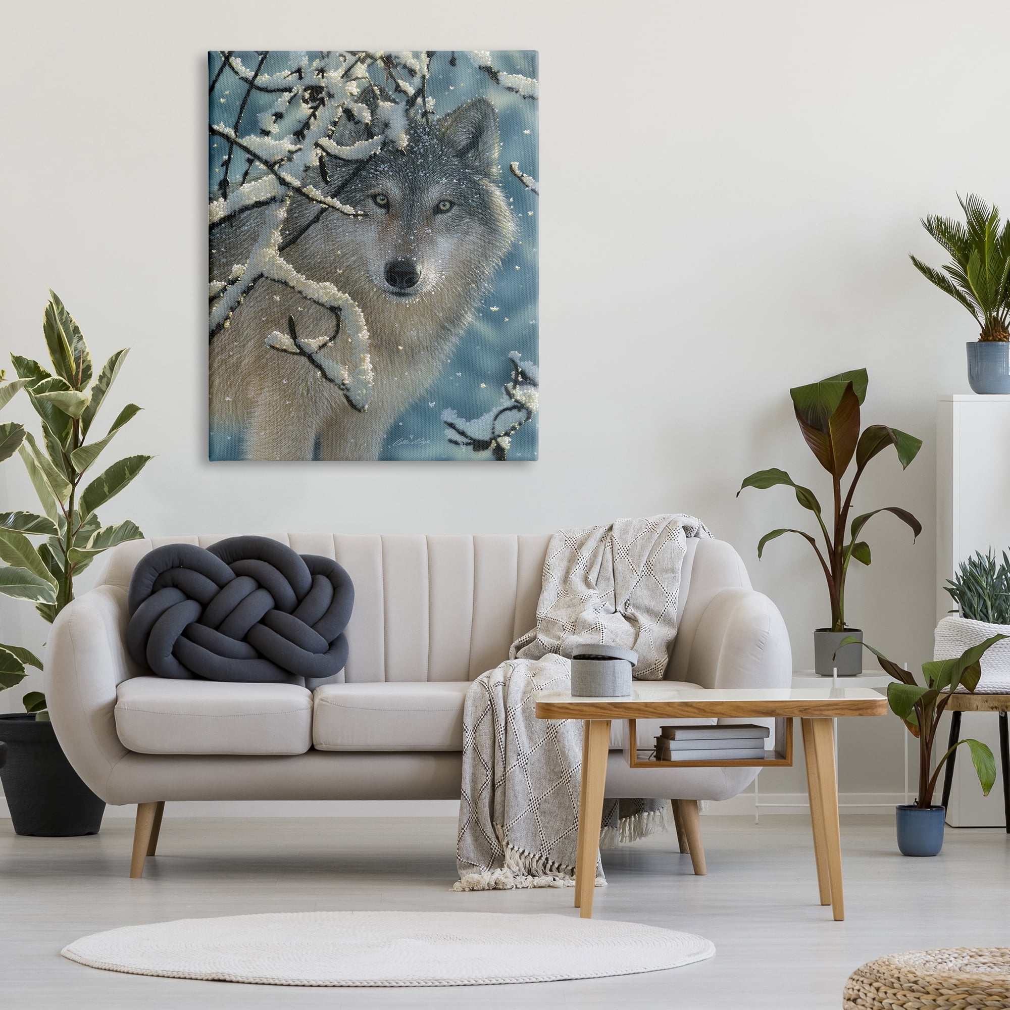 Stupell Industries Wolf Behind Snowy Branches Winter Wild Forest Animal, 36 x 48, Design by Collin Bogle
