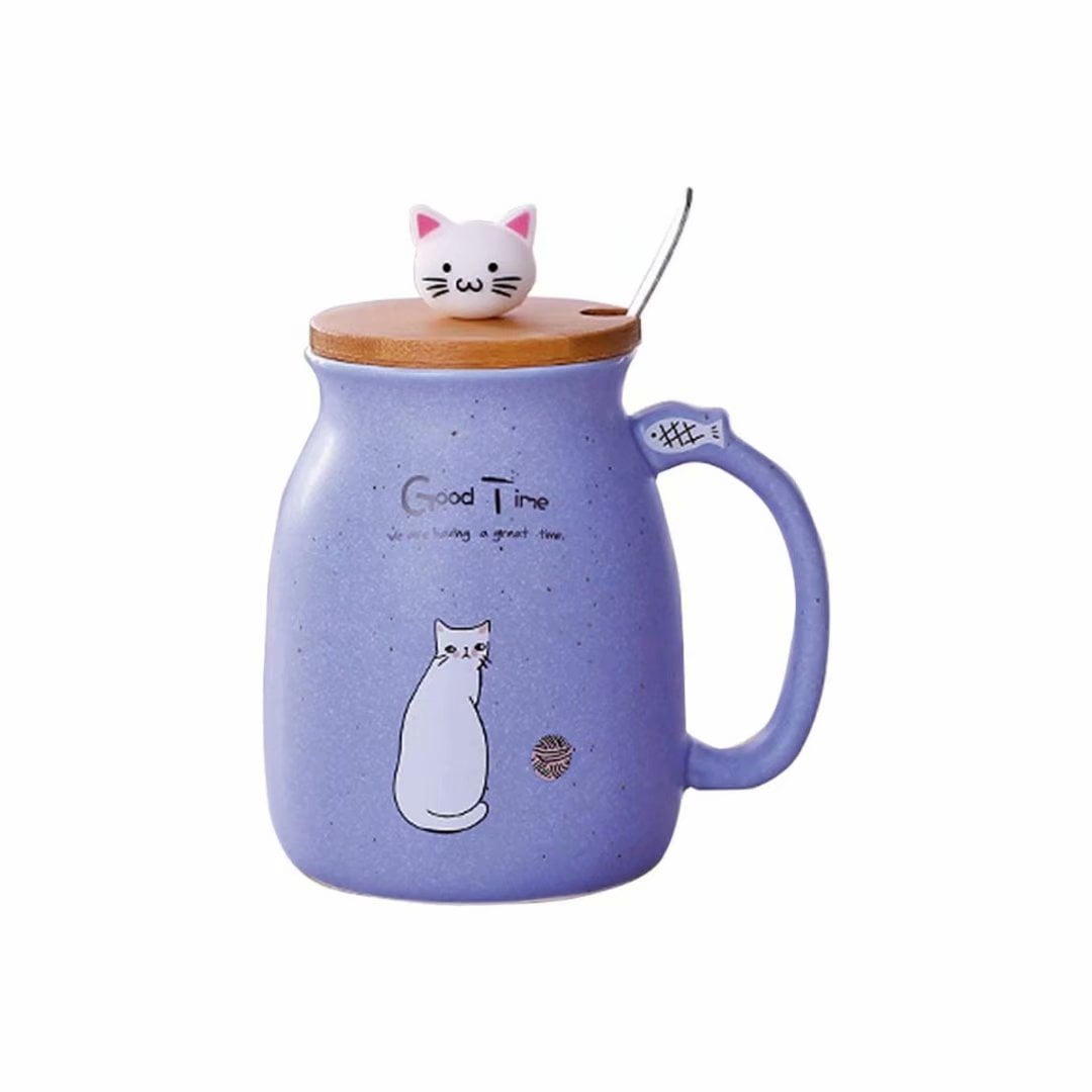 Cat Mug Cute Ceramic Coffee Cup with Lovely Kitty Porcelain Lid and Stainless Steel Spoon,Novelty Morning Cup Tea Milk Mug,Gift For Family Friends and Lovers-Blue 
