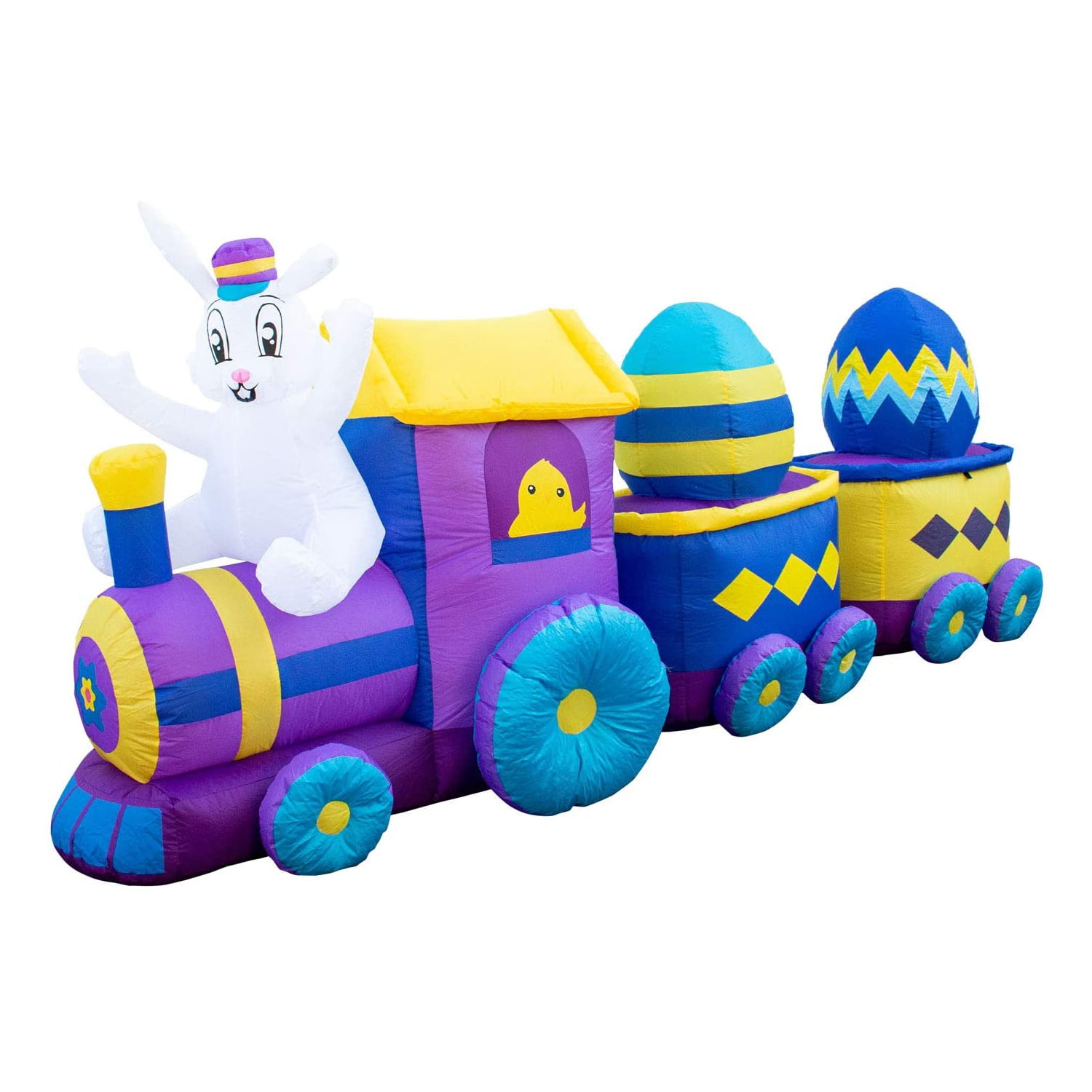 and Powerful Built-in Fan Three Car 10ft Long Easter Bunny Train with Eggs Blow Up Yard Decoration Tie-Down Points Includes Built-in Bulbs Holidayana 10ft Easter Inflatable Bunny Train 