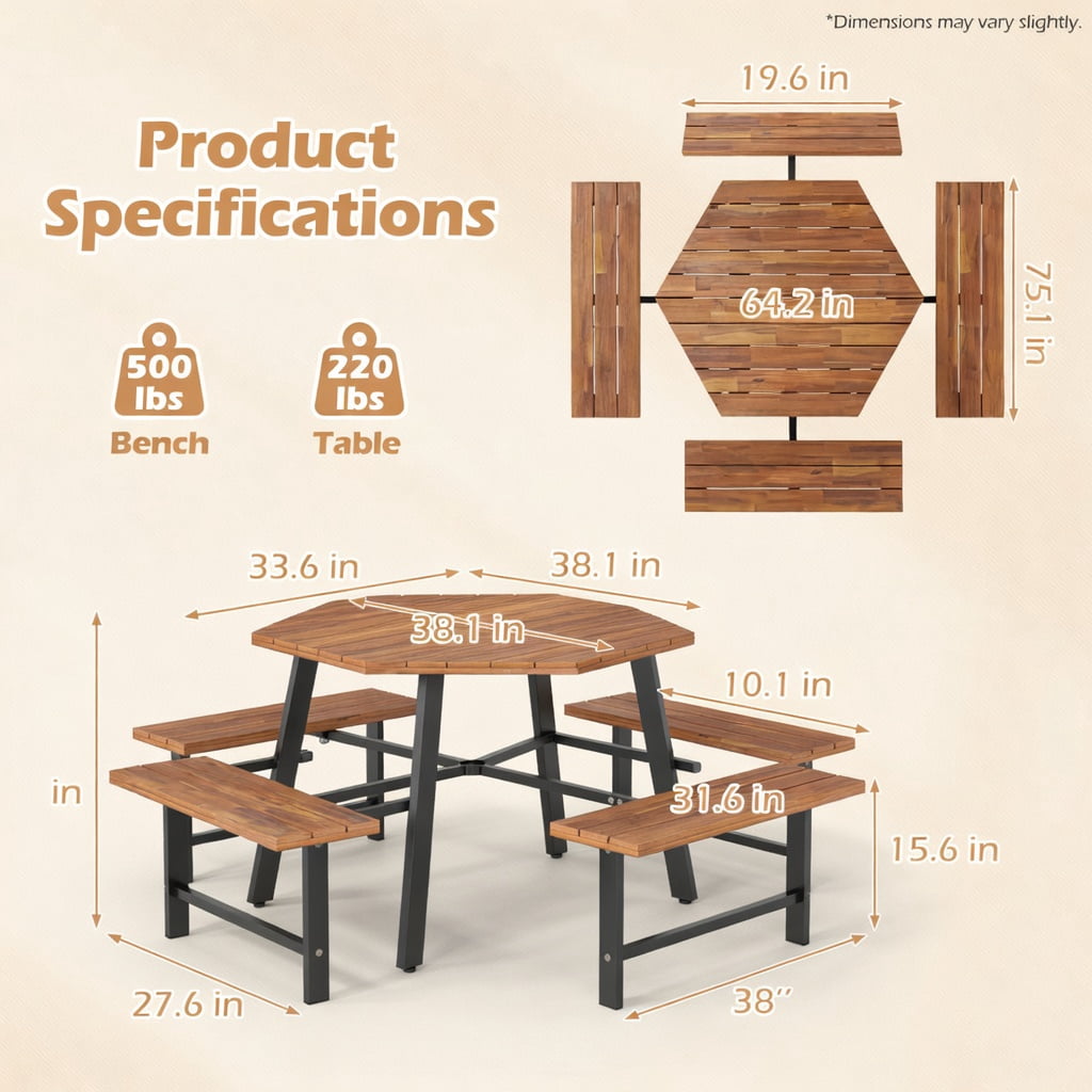 Hommoo 6-Person Acacia Wood Outdoor Picnic Table Set with 3 Benches, Rust-Resistant Metal Frame, Umbrella Hole & Adjustable Feet, Brown & Black