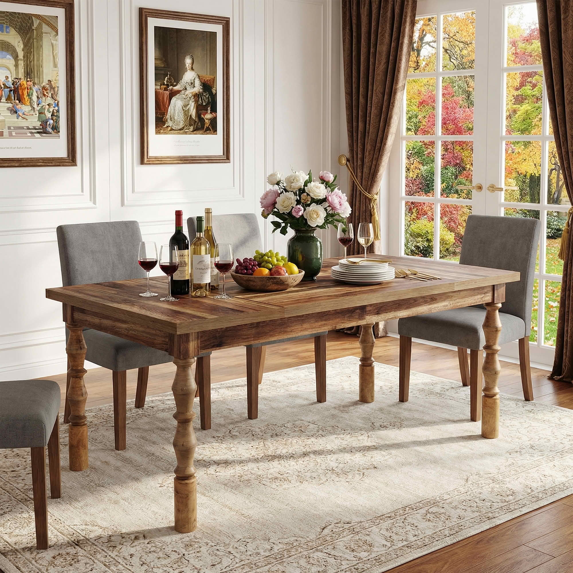 MAYEERTY 62 Inch Rectangular Dining Table, Walnut Kitchen Dinner Table with Carved Turned Legs for 4 to 6 People