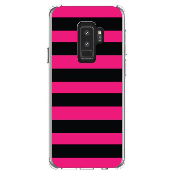 DistinctInk Clear Shockproof Hybrid Case for Samsung Galaxy S9  PLUS (6.2" Screen) - TPU Bumper, Acrylic Back, Tempered Glass Screen Protector - Black & Pink Bold Horizontal Stripes