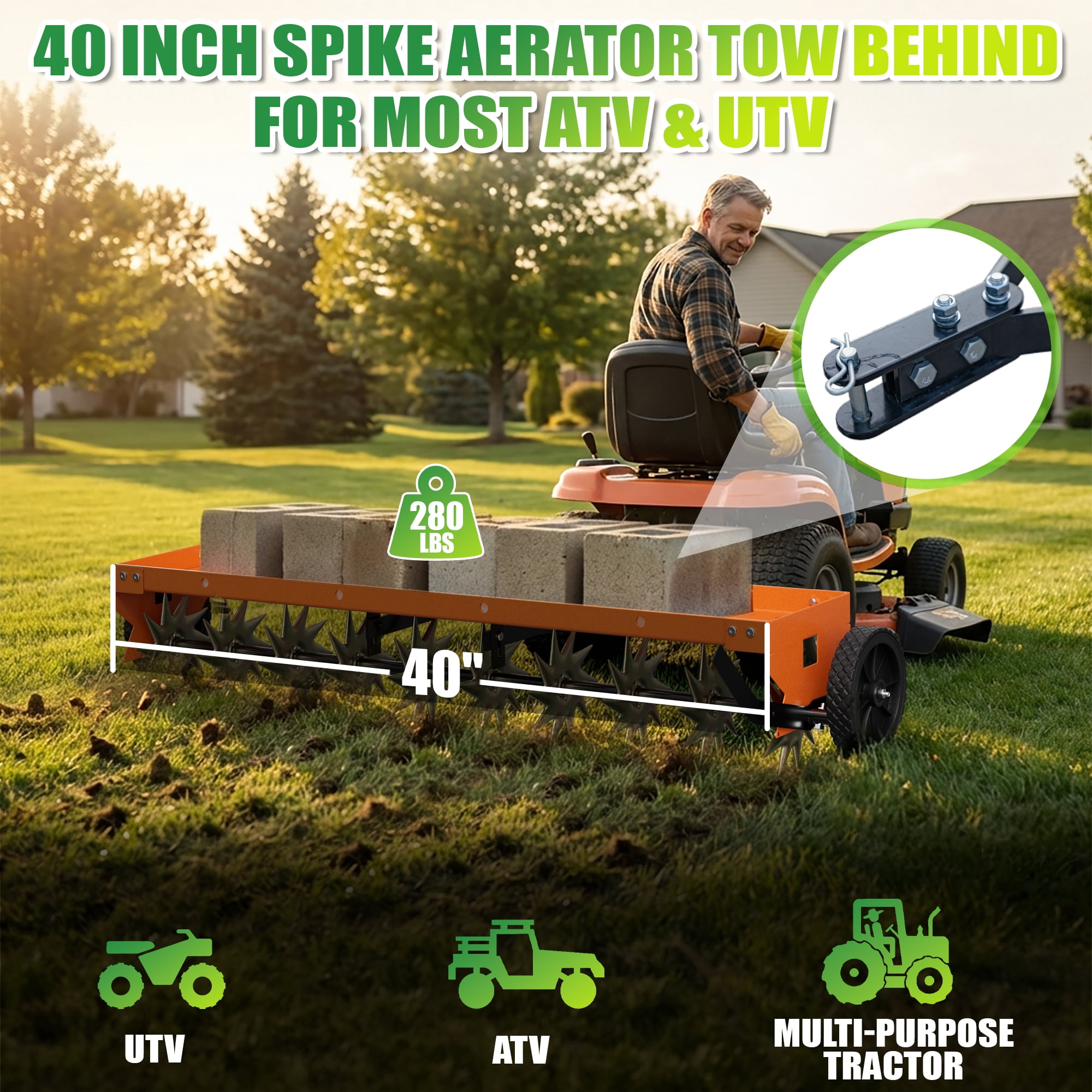 40" Spike Aerator Tow Behind Lawn Aerator Tow Behind w/Universal Hich for Garden,Orange