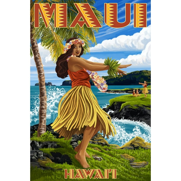 Maui, Hawaii, Hula Girl on Coast (16x24 Giclee Gallery Art Print, Vivid