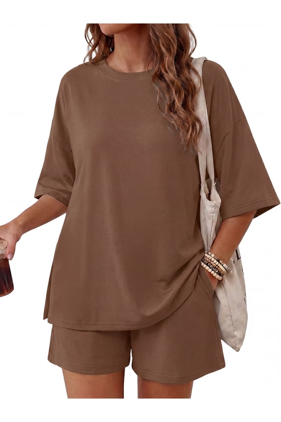 Womens 2 Piece Lounge Sets Crew Neck Short Summer Pajama Set Airport Travel Outfits with Pockets