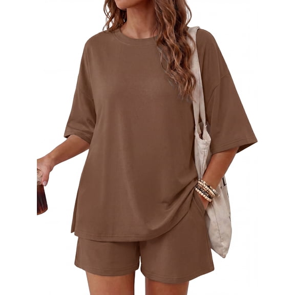 MINTREUS Womens 2 Piece Lounge Sets Crew Neck Short Summer Pajama Set Airport Travel Outfits with Pockets