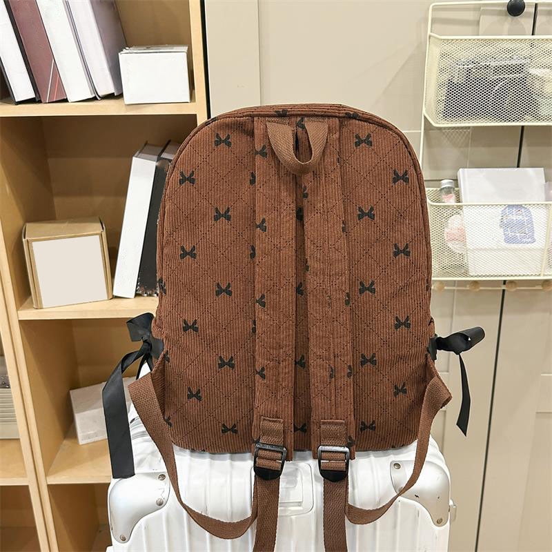 Yucurem Large Capacity Corduroy Backpack with Bow, Lightweight 15.75 inch Laptop Bag for Women, Aesthetic Daypack for College Travel (Brown)