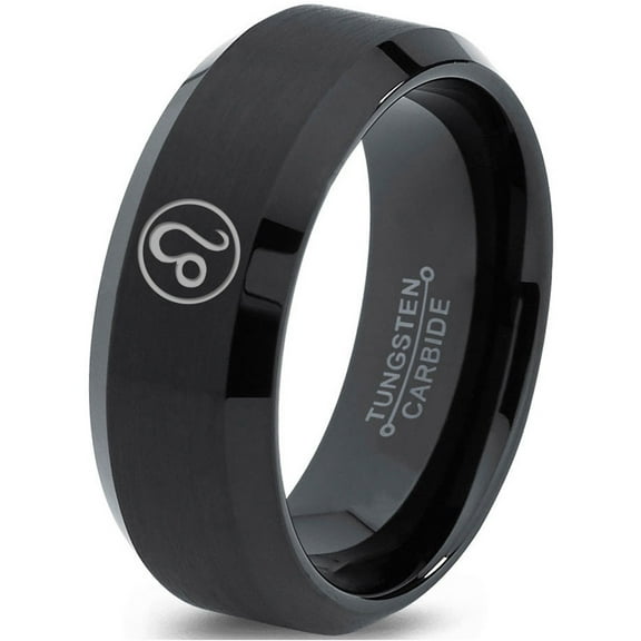 Tungsten Horoscope Leo Band Ring 8mm Men Women Comfort Fit Black Beveled Edge Brushed Polished Size 12