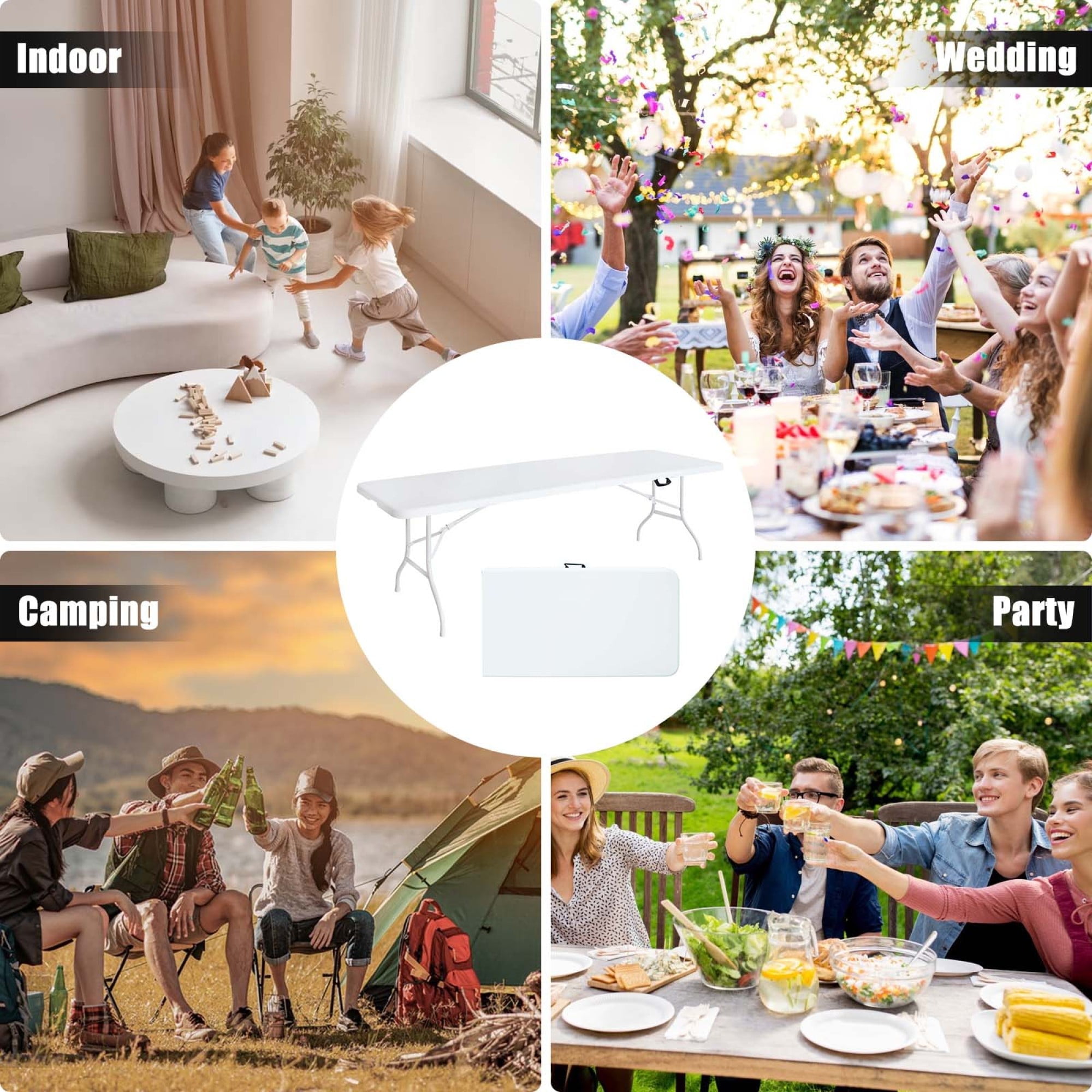 8 Foot Folding Table,Outdoor Folding Table,Bi-Fold,Outdoor Table for Picnic Party Dining Camp,White