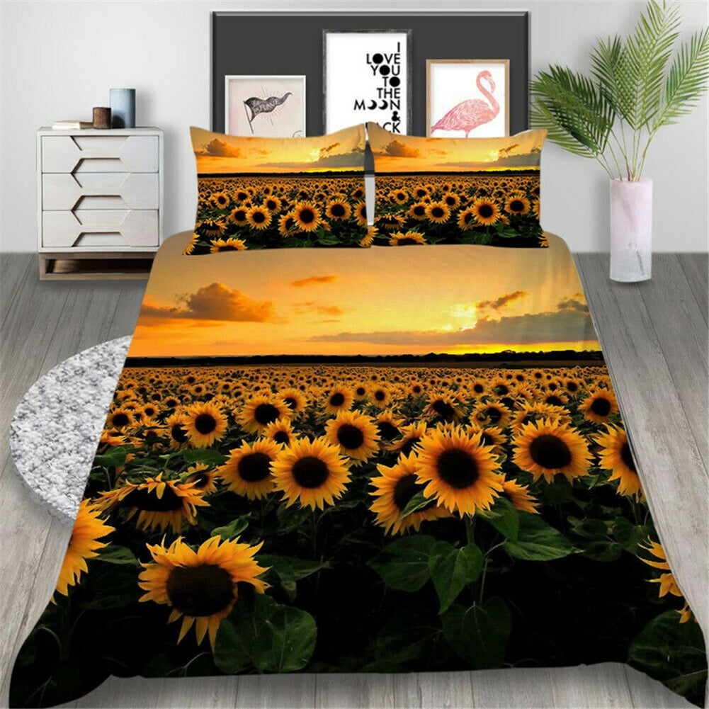 Kepooman 100% Brushed Microfiber Duvet Cover Set, 3 Pieces Super Soft Sunflower Printed Bedding Set, Full Size