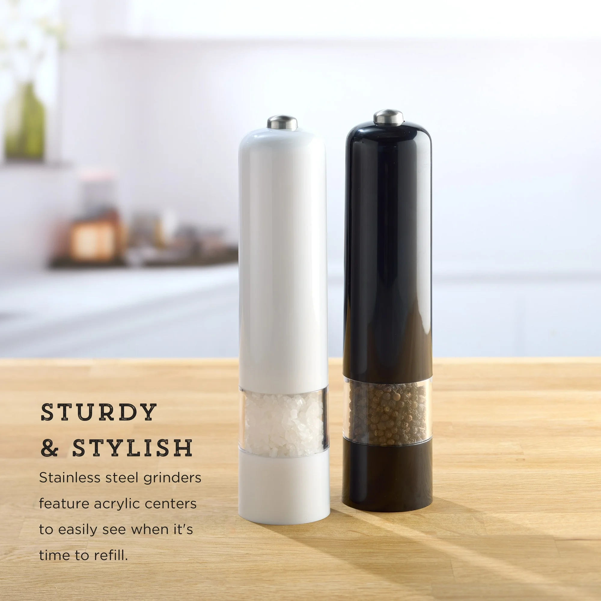 KAMENSTEIN 8-INCH BATTERY OPERATED PREFILLED SALT & PEPPER GRINDER SET, BLACK & WHITE