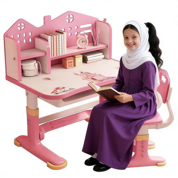 YNCE Kids Desk and Chair Set, Height Adjustable Kids Desk with Storage Drawers and Bookshelf, Ergonomic Table for Kid, Escritorio para NiñOs