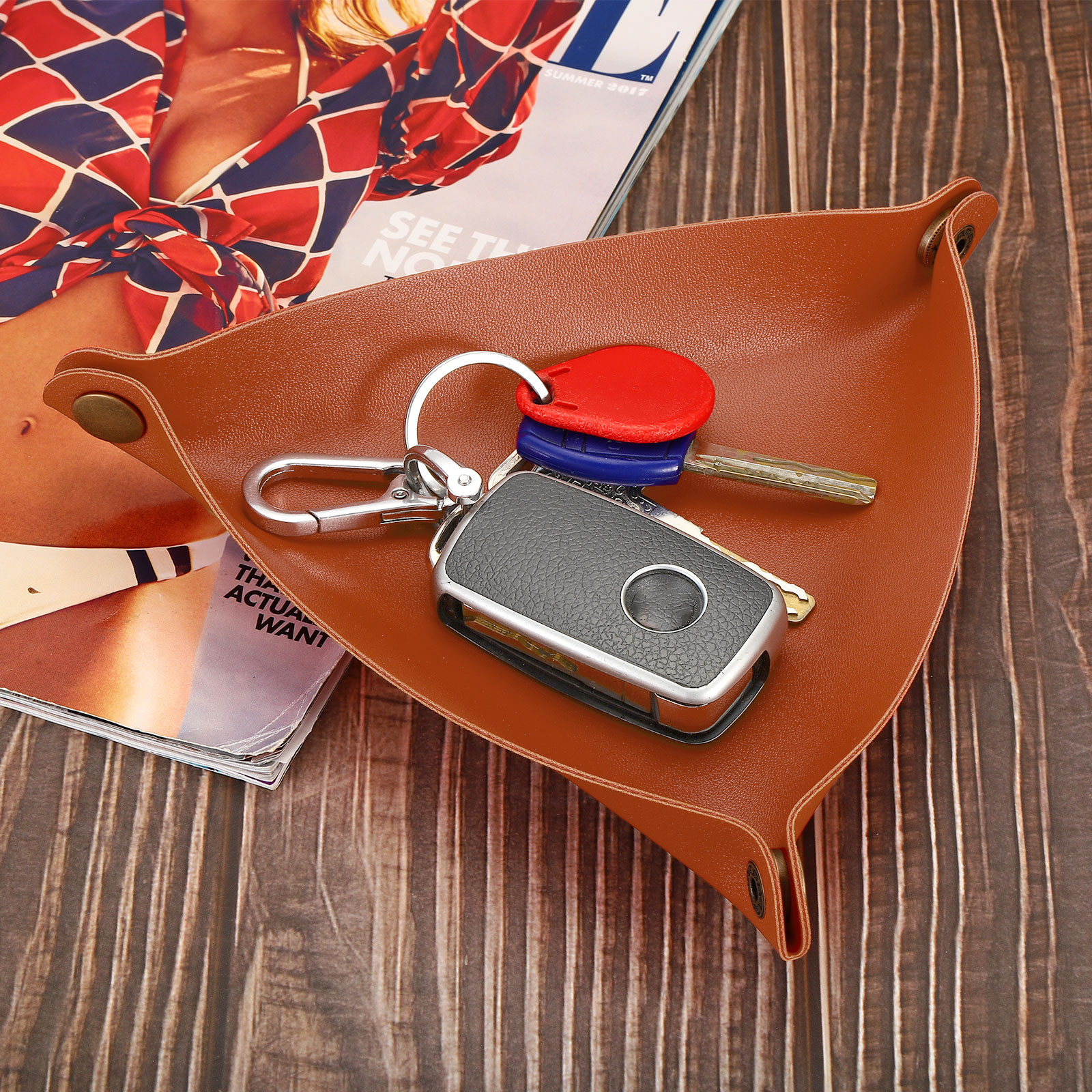 Unique Bargains Catchall Foldable Leather Valet Tray Brown Green Yellow