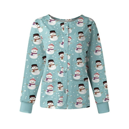 

Capreze Women Scrubs Tops Long Sleeve Casual Nursing Shirts Buttons Up Loose Workwear Christmas Print Scrubs T-shirts Light Blue 4XL