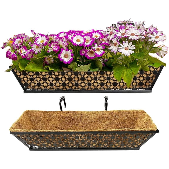 2 Set Deck Railing Planter Box 24" Black Metal Garden Trough Deck Planter English Horse Trough Window Box with Coco Liners