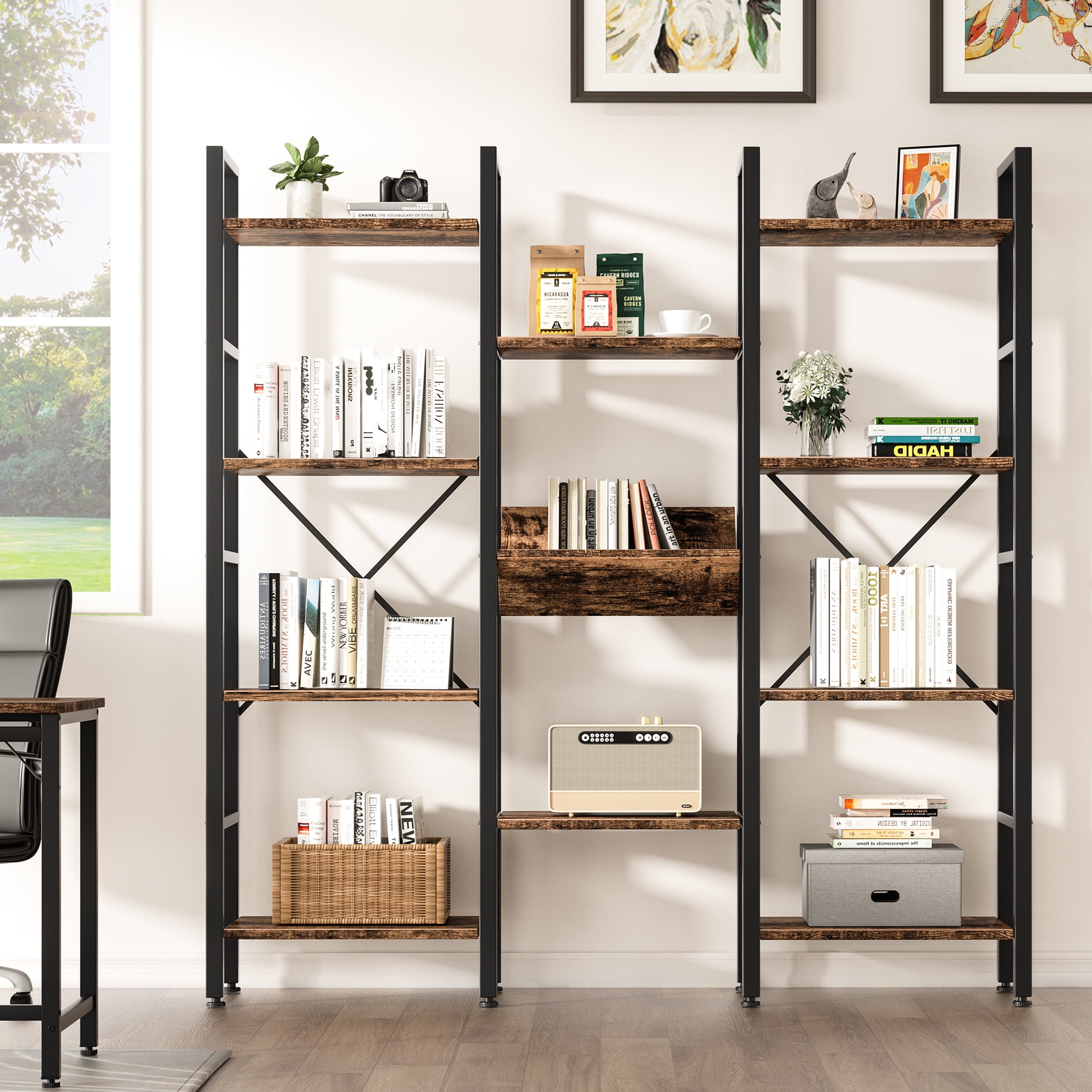 Walsunny Triple Wide 4 Tier Bookshelf Bookcase Wooden Bookshelves with 11 Open Display Shelves for Bedroom Living Room Home Office,Rustic Brown