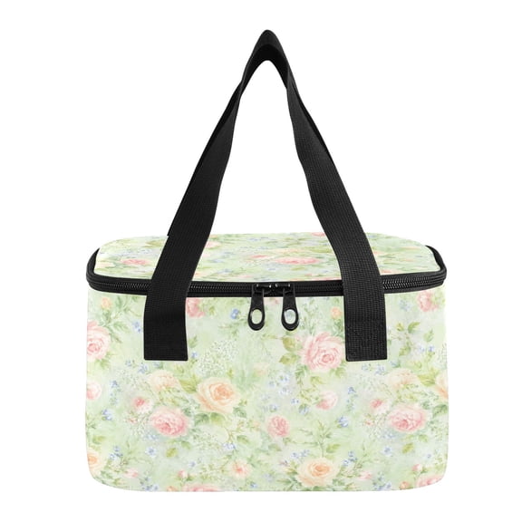 6L Insulated Lunch Bag Square Handheld Cooler Tote Cute Green Floral Print Reusable Thermal Bag with Polyester & Aluminum Lining for Work Picnic Travel