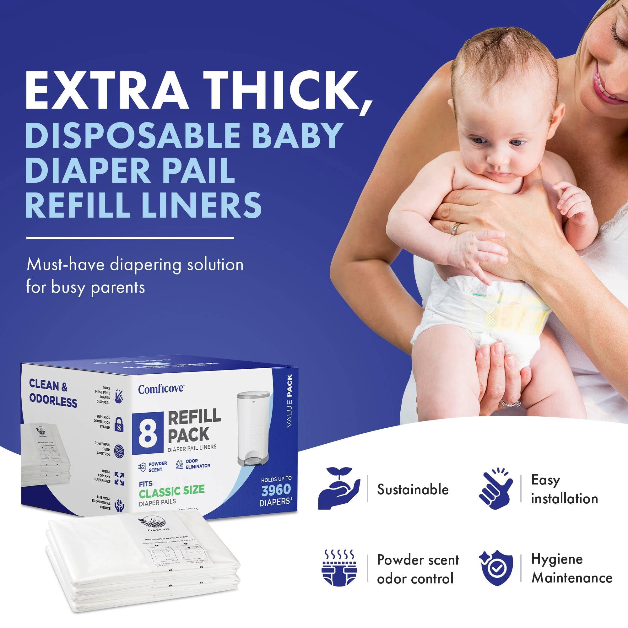 COMFICOVE Refills Compatible with DEKOR CLASSIC Diaper Pails  8 Pack  Extra Thick Diaper Pail Refill Liners  Fresh Scent  Easy to Replace and Dispose of Diaper Bag  Odorless Baby Diapers Disposal