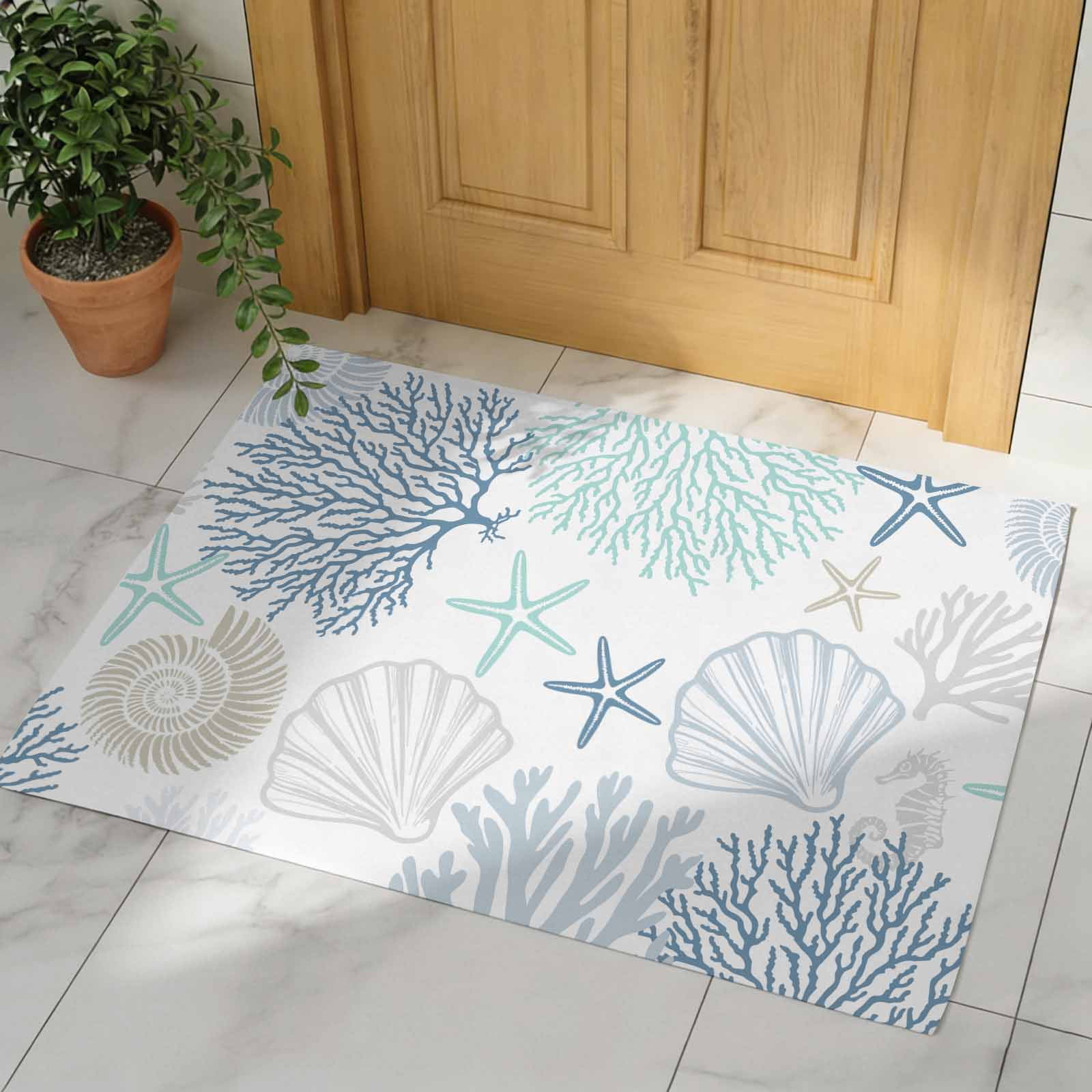 Blue Coral Coastal Indoor Door Mat - 18"x30", Non-Slip Welcome Mat for Outdoor, Summer Beach Shell Conch Ocean Front Doormat for Entry, Low-Profile Doormat Entrance Rug for Kitchen/Bathroom