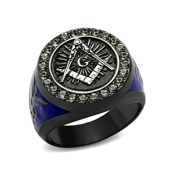 Stainless Steel Black and Blue Ion Plated Crystal Masonic Freemason Ring Size 12