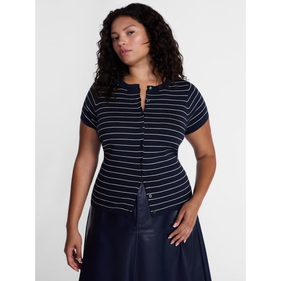 Terra & Sky Women's Plus Button Front Sweater Top with Short Sleeves, Lightweight, Sizes 0X-5X