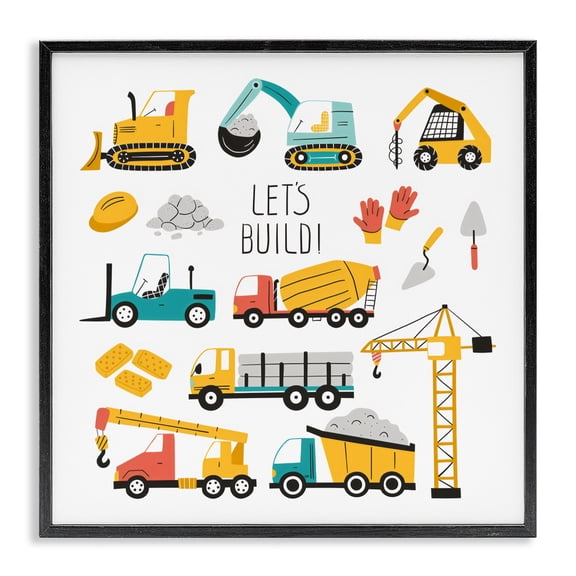 Stupell Industries Contemporary Let's Build Various Construction Trucks Black Framed Giclee Art, 12 x 12, by Creative Studio
