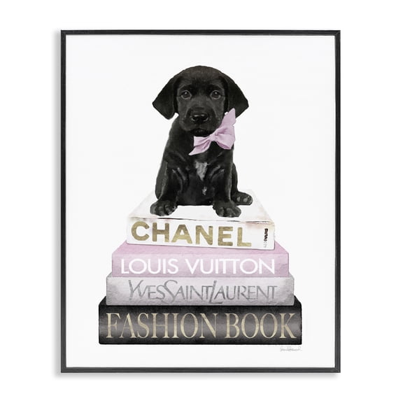Stupell Industries Glam Puppy with Bow Bookstack Black Framed Giclee Art, 11 x 14, by Amanda Greenwood