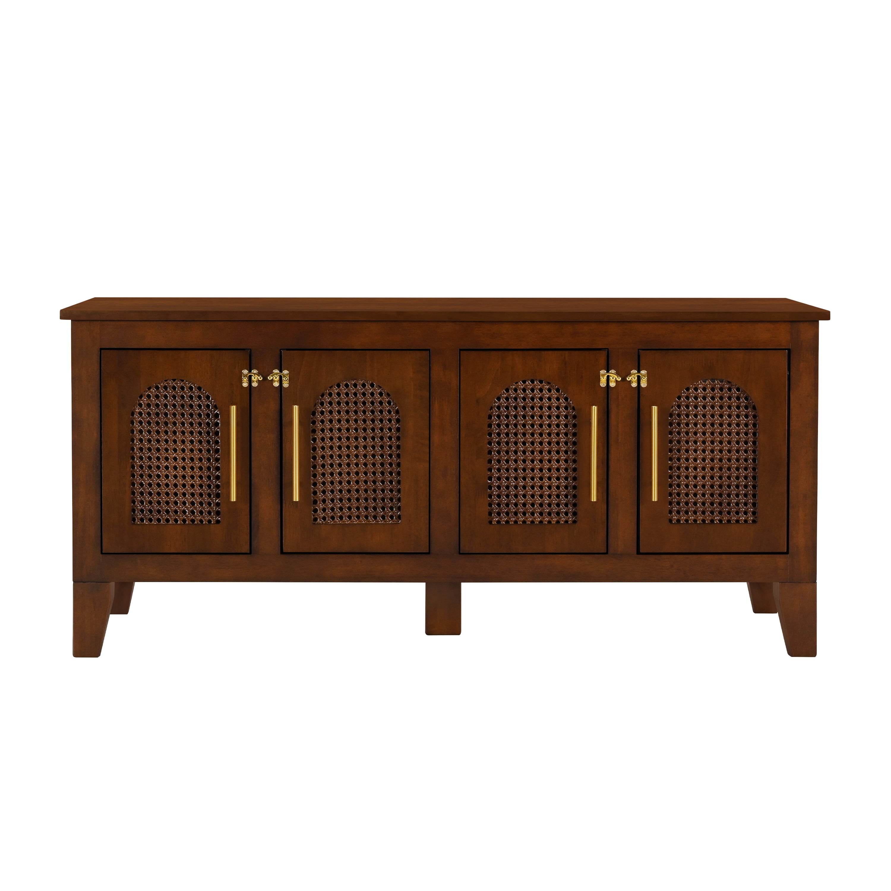 Indoor Rattan Decorated Rubber Wood Dog Crate Cabinet Furniture, Stylish Pet Kennel with 4 Doors for Living Room