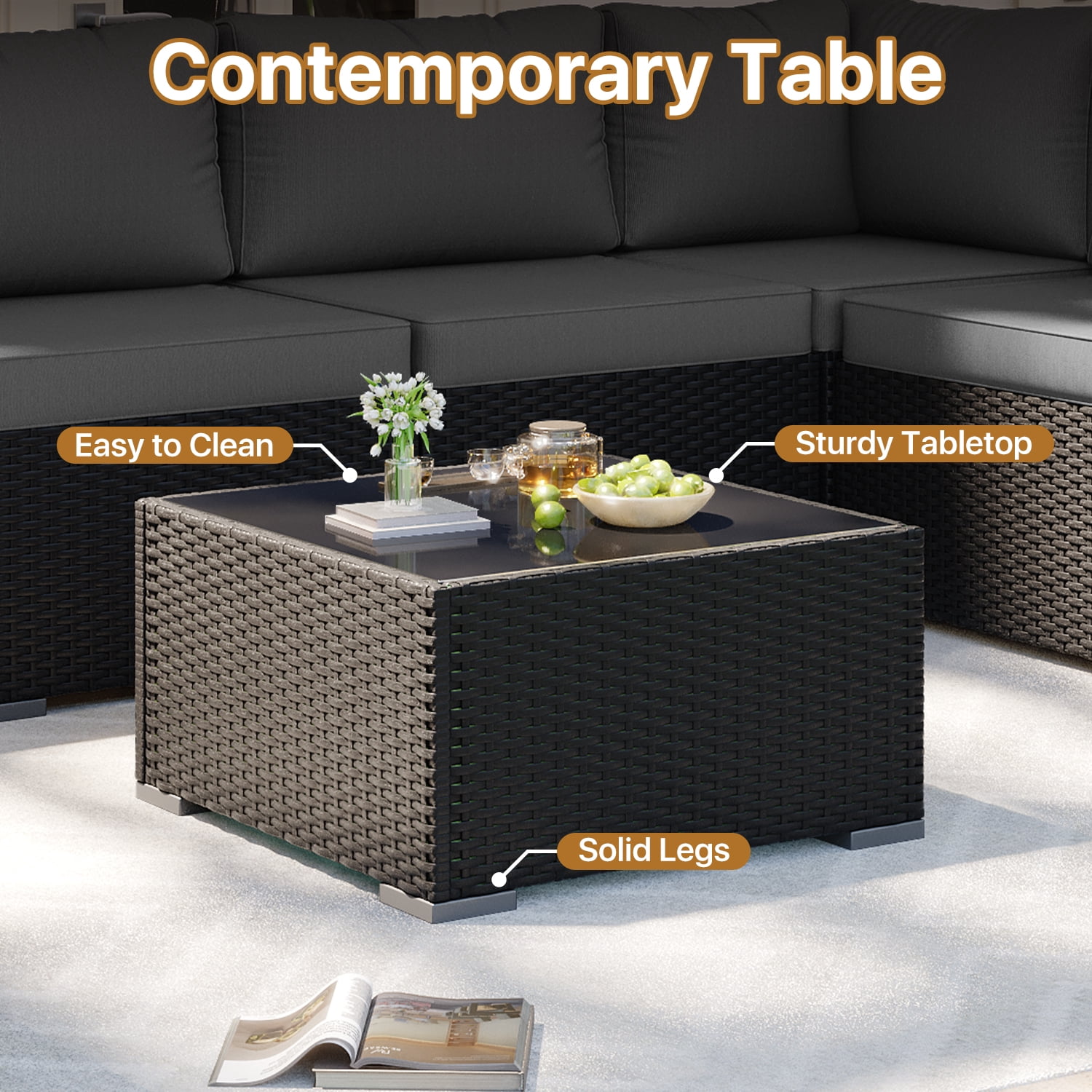 BaPiPro 7-Piece Outdoor Patio Furniture Set, Black Wicker Rattan Sectional Sofa with Dark Gray Cushions & Coffee Table, All-Weather for Backyard, Porch, Deck, Balcony