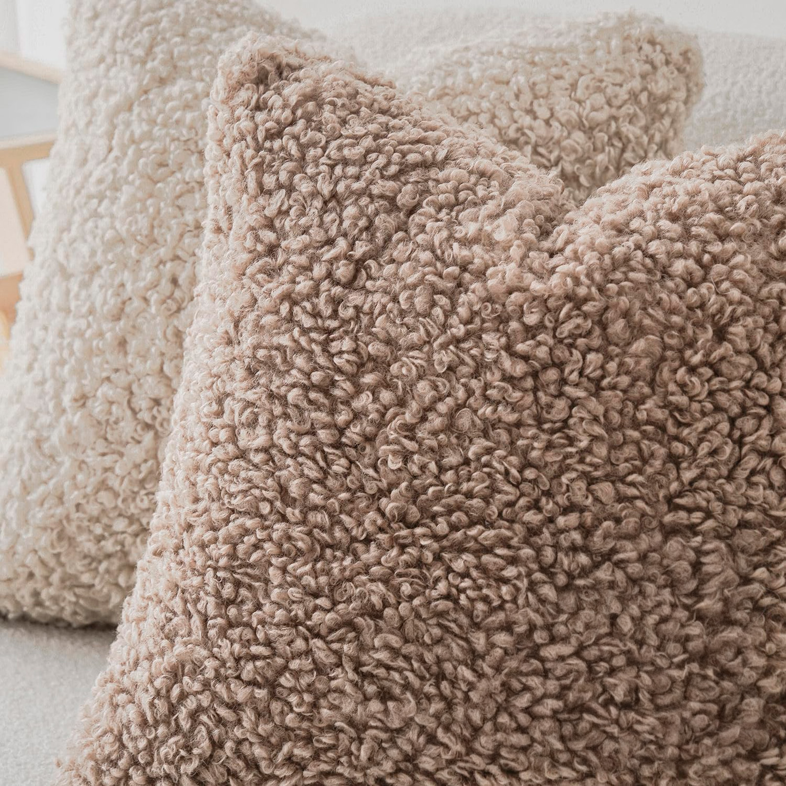 Sanmadrola Decorative Throw Pillow Covers 18" x 18" Set of 2, Teddy Fur Couch Plliowcase Cushion Cover Modern Farmhouse Home Decor, Khaki