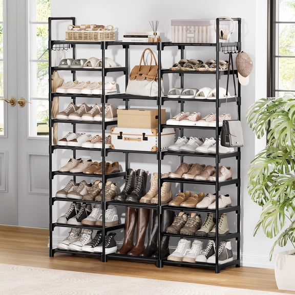 BGTREND 9 Tiers Large Shoe Rack 3 Columns Metal Shoe Storage Organizer 50-55 Pairs Joinable Shoe Tower for Closet Entryway (62 inches, Black)