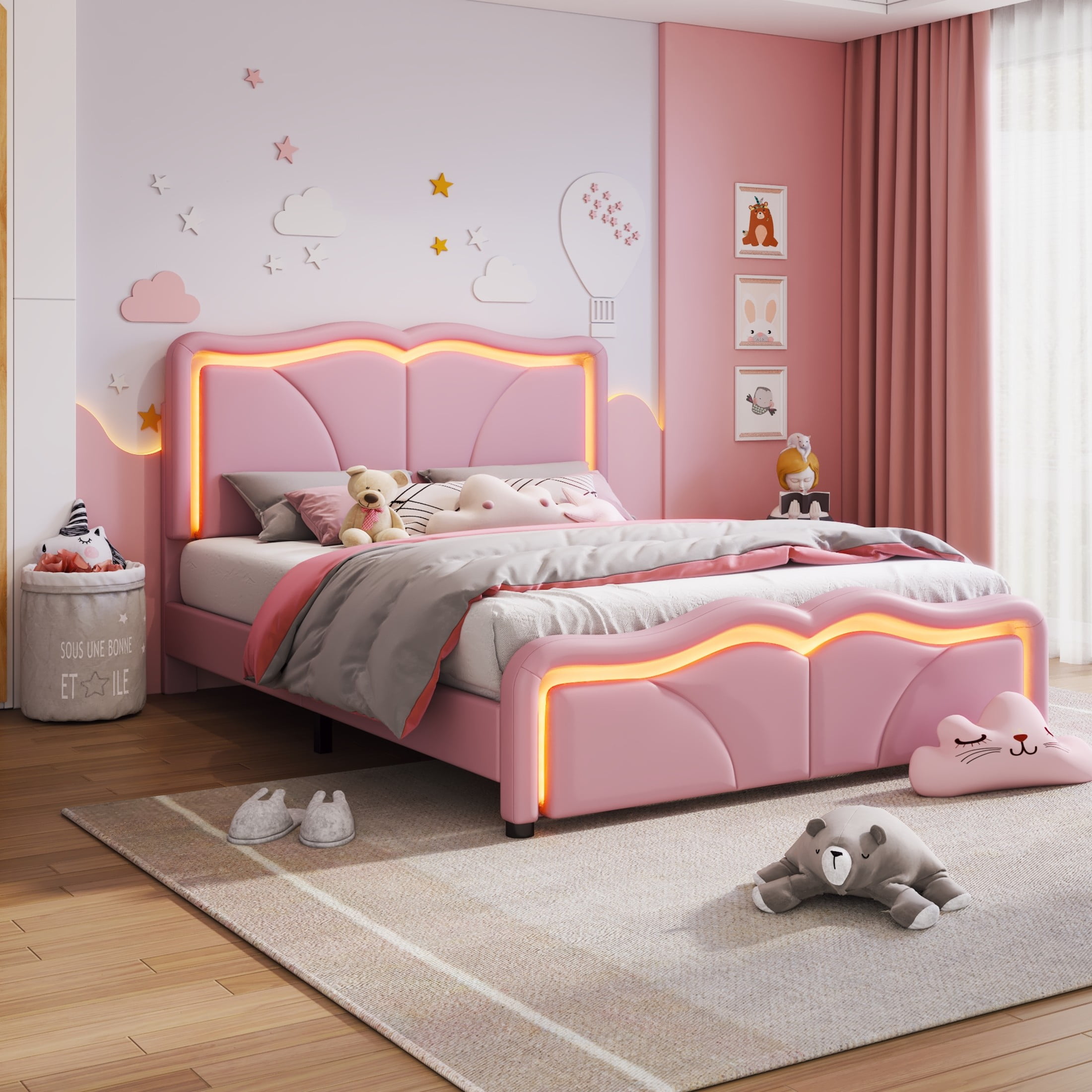 Noble House Sheila Full Upholstered Platform Bed, Curve Shaped Height-Adjustable LED Headboard, PU Leather, Pink