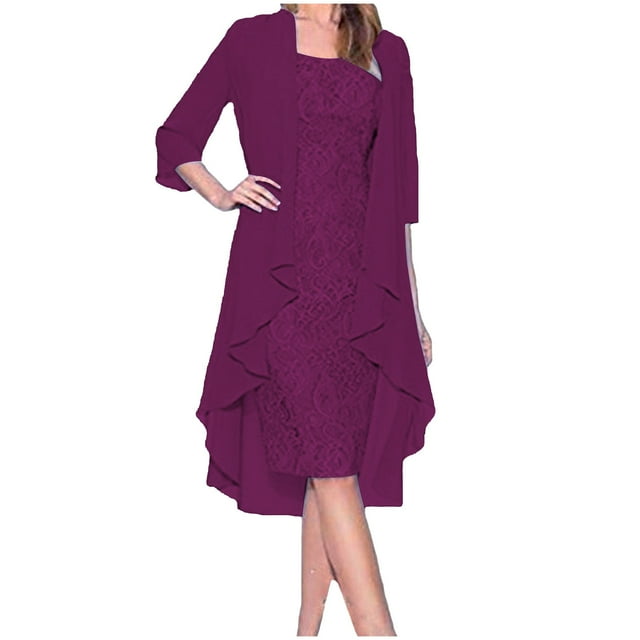 Ensemble de Robes en Mousseline pour Femme Grande Taille, Dentelle Florale à Empiècements, Liquidation, Élégant Décontracté, Tenue de Jeu, Manches Longues, Printemps, Encolure Dégagée, Tendance, Filles, Violet, TG