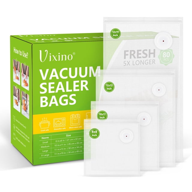 Vixino Vacuum Sealer Bags, 80 Reusable Vacuum Sealer Bags for Food, BPA-Free, Meal Prep and Sous Vide Cooking,Works for Handheld Sealer and Vac Seale