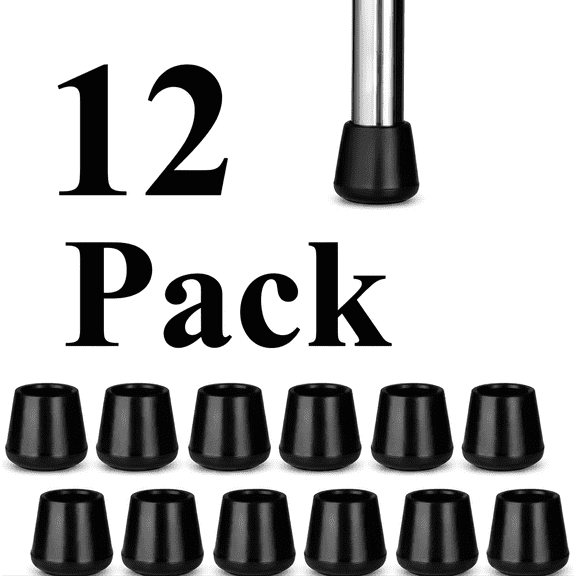 12 pack Round Black Rubber Chair Leg Tips Caps, Non Slip Floor Protectors, Noise Reducing Feet Covers, Replacement for Metal Folding Furniture Legs