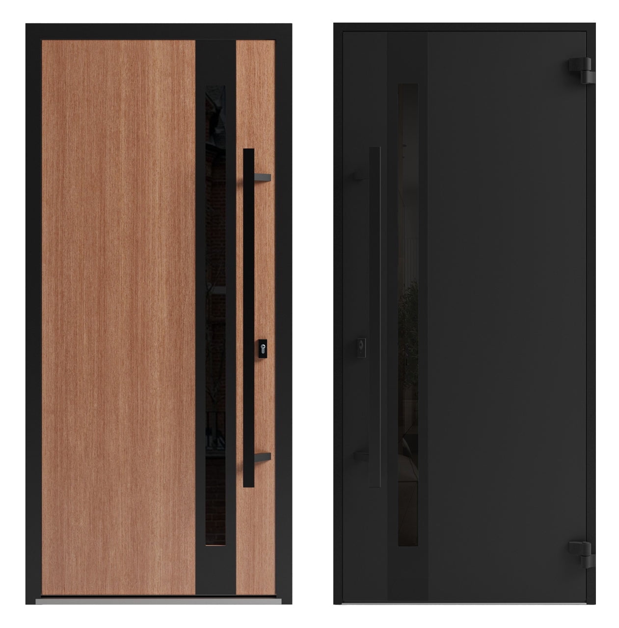Front Exterior Prehung Steel Door / Ronex 1033 Teak / 2 Side Exterior Windows Sidelites/ Entry Metal Modern Painted W14+36+14" x H80" Right hand Inswing