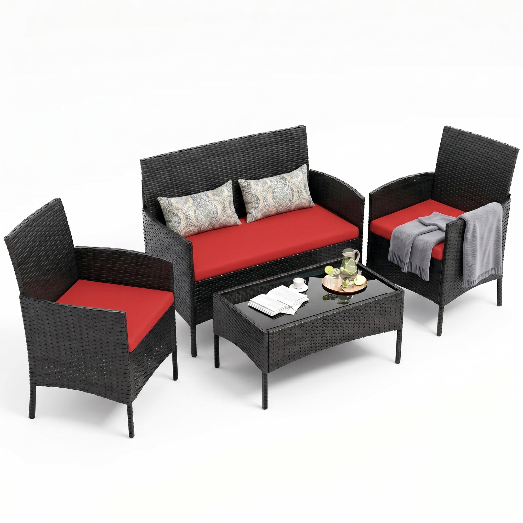 Tappio 4 Piece Patio Conversation Wicker Furniture Set, Porch Furniture Outdoor Sectional Furniture Set w/Coffee Table & Cushions Wicker Sofa Garden Conversation Set for Yard Pool Backyard, Black/Red