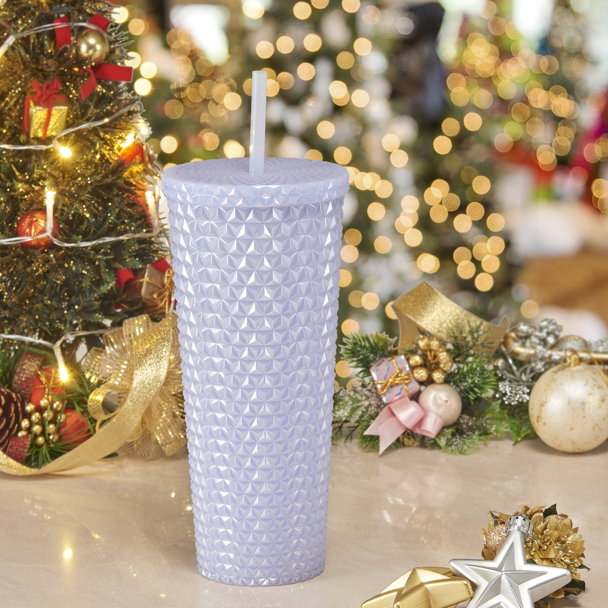 Holiday Time Christmas 26oz DW AS Plastic Textured Tumbler, Iridescent White