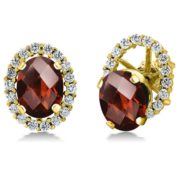Gem Stone King 3.59 Ct Oval Checkerboard Red Garnet 18K Yellow Gold Plated Silver Earrings