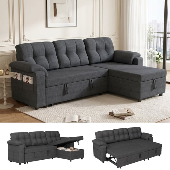 Xiweot Convertible Sectional Sleeper Sofa, 82" L Shaped Sofa Bed with Storage Chaise, Pull Out Couch & Wide Armrests, Linen 3 Seater Sectional Couch for Living Room Apartment (Dark Gray)