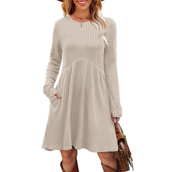 Women Rib-Knit Sweater Dress for Spring & Autumn - Round Neck, A-Line Midi Umbrella Skirt, Regular Sleeves, Off-White, S-3XL