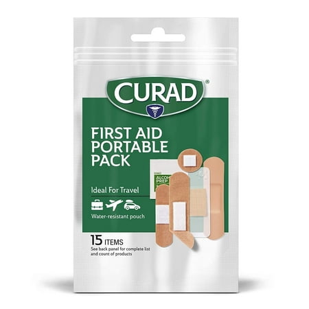 Curad First Aid Portable Pack, Ideal for Travel, Water Resistant Pouch, 15 Count