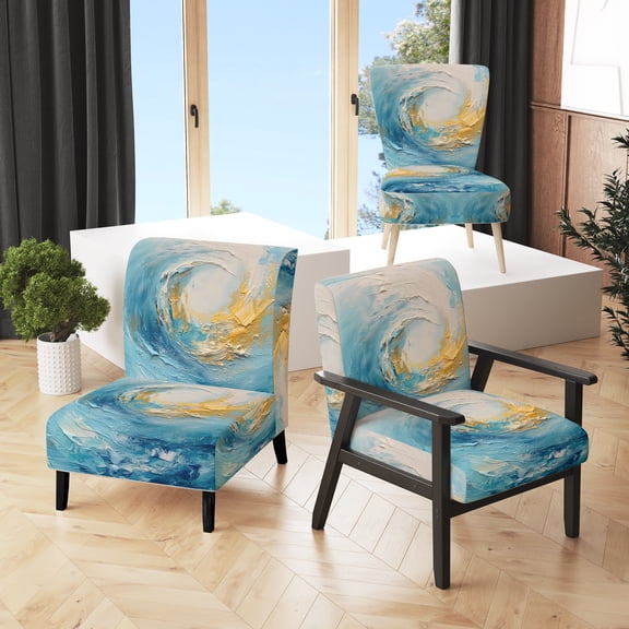 Designart "Enchanted Whirls in Baby Blue and Gold III" Blue Whirls Upholstered Accent Chair - Modern Arm Chair For Bedroom
