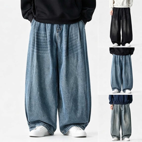LMOIPLI Mens Oversized Wide Leg Baggy Jeans Faded Washed Denim Casual Streetwear Trousers Elastic Waist Loose Fit Dark Blue XXXL